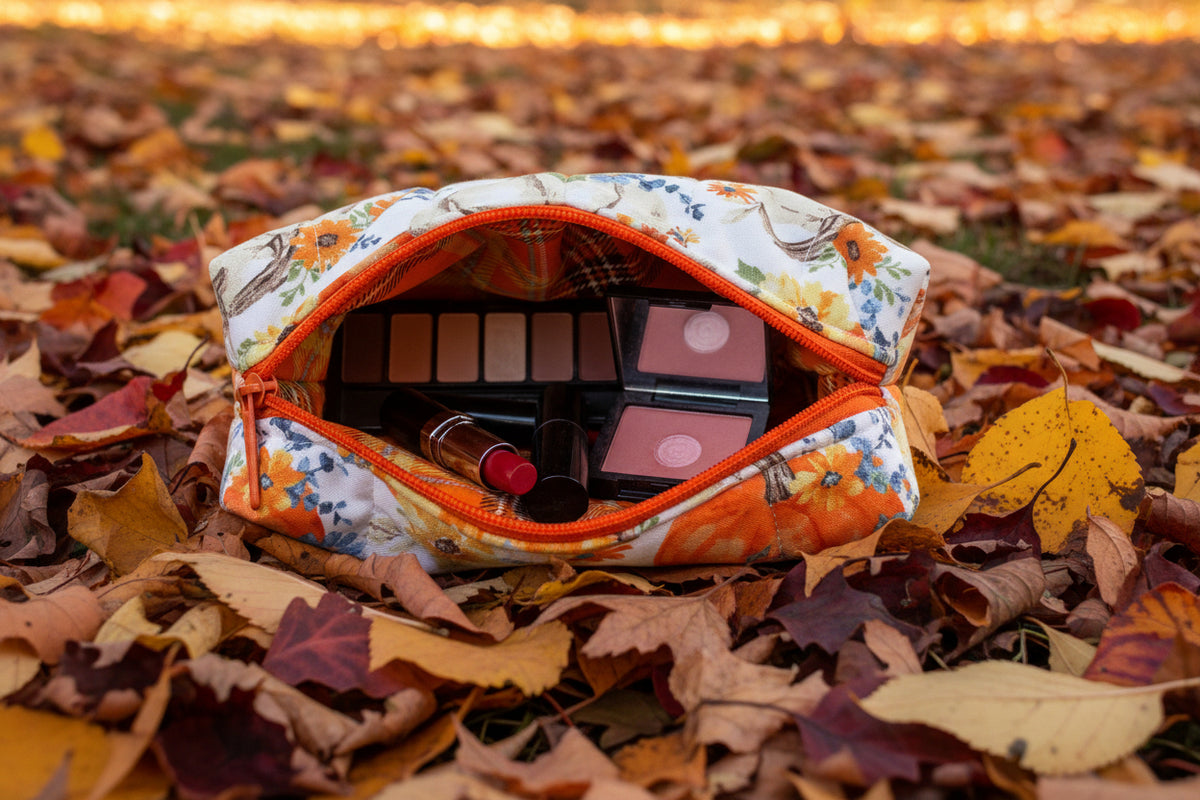 Fall Pumpkin with Teal Foliage Make Up Bag