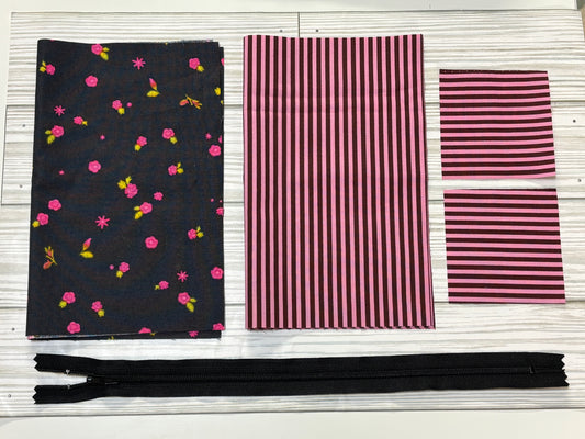 Pink Flowers on Black Sew a Makeup Bag Kit