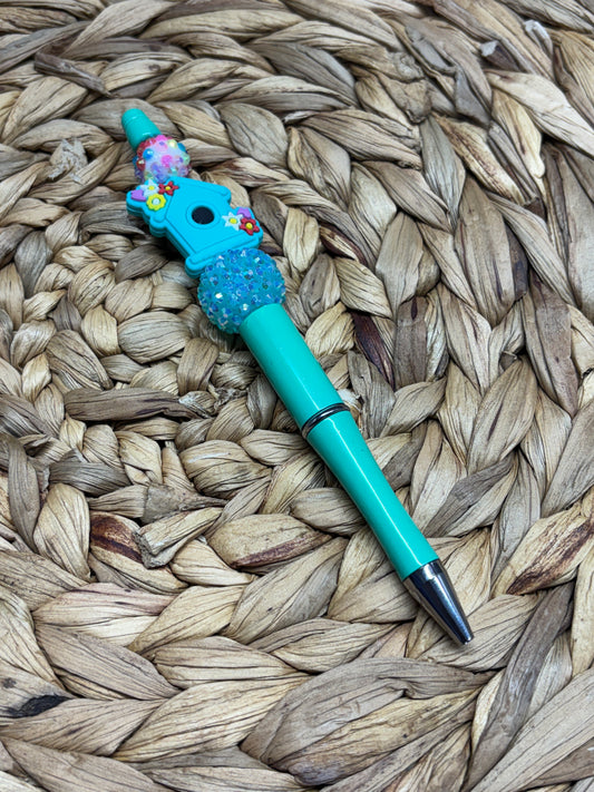 Teal Bird House Beaded Pen
