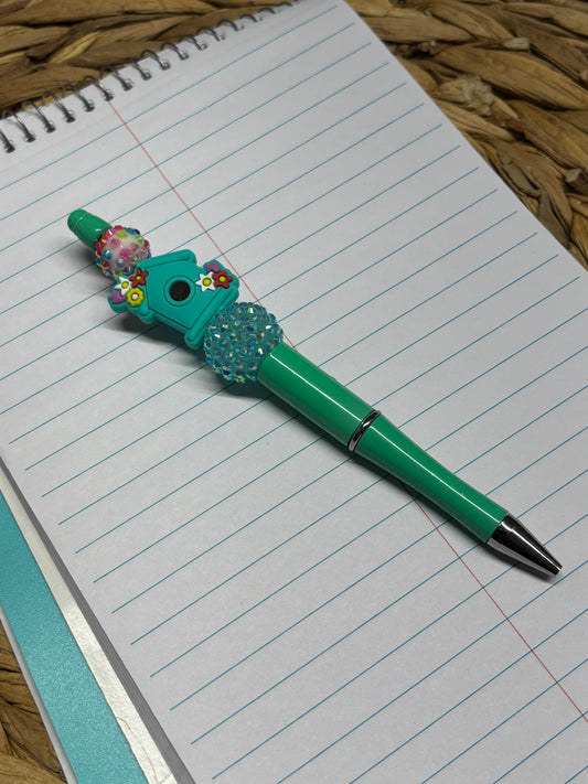 Teal Bird House Beaded Pen