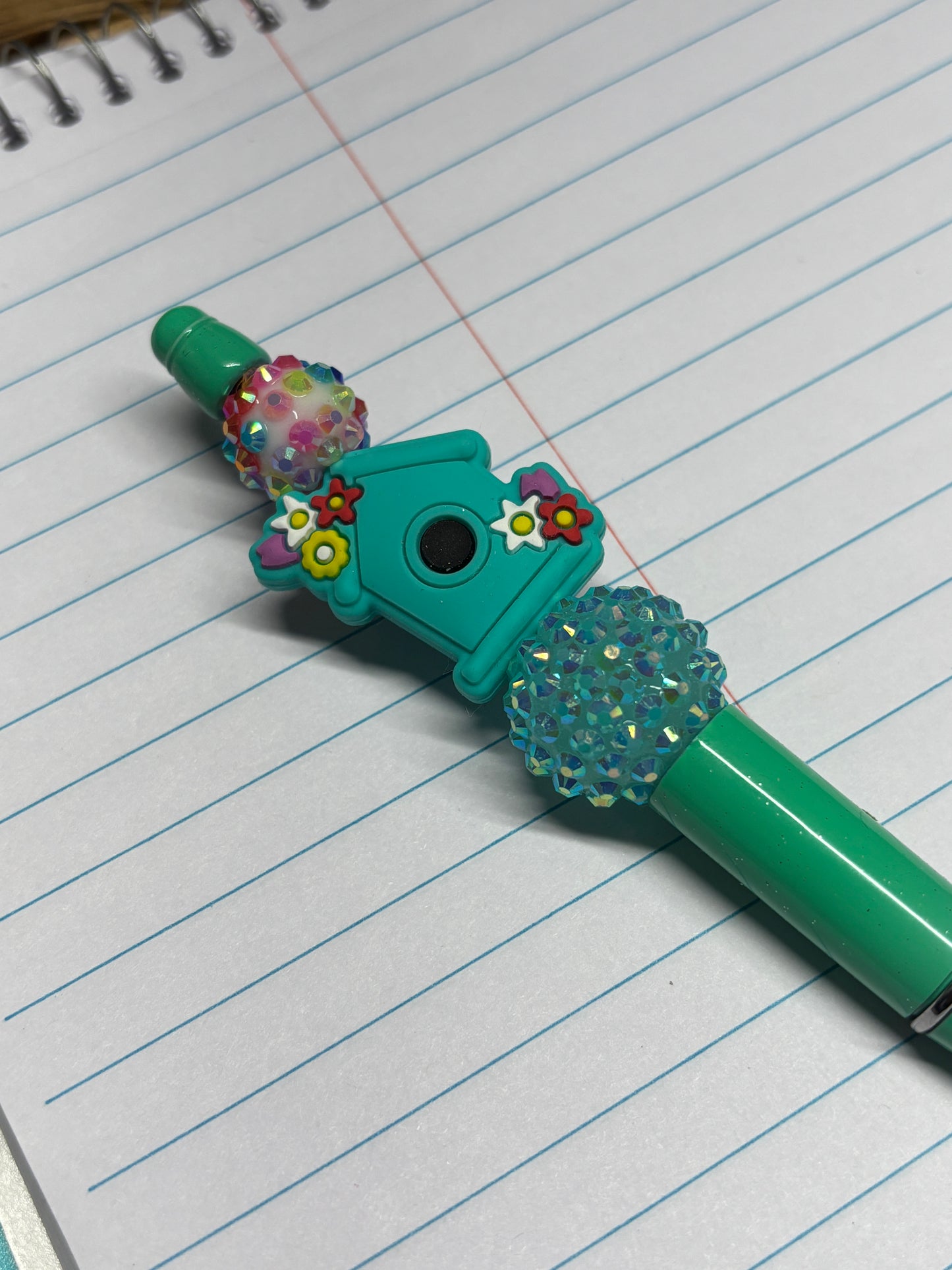 Teal Bird House Beaded Pen