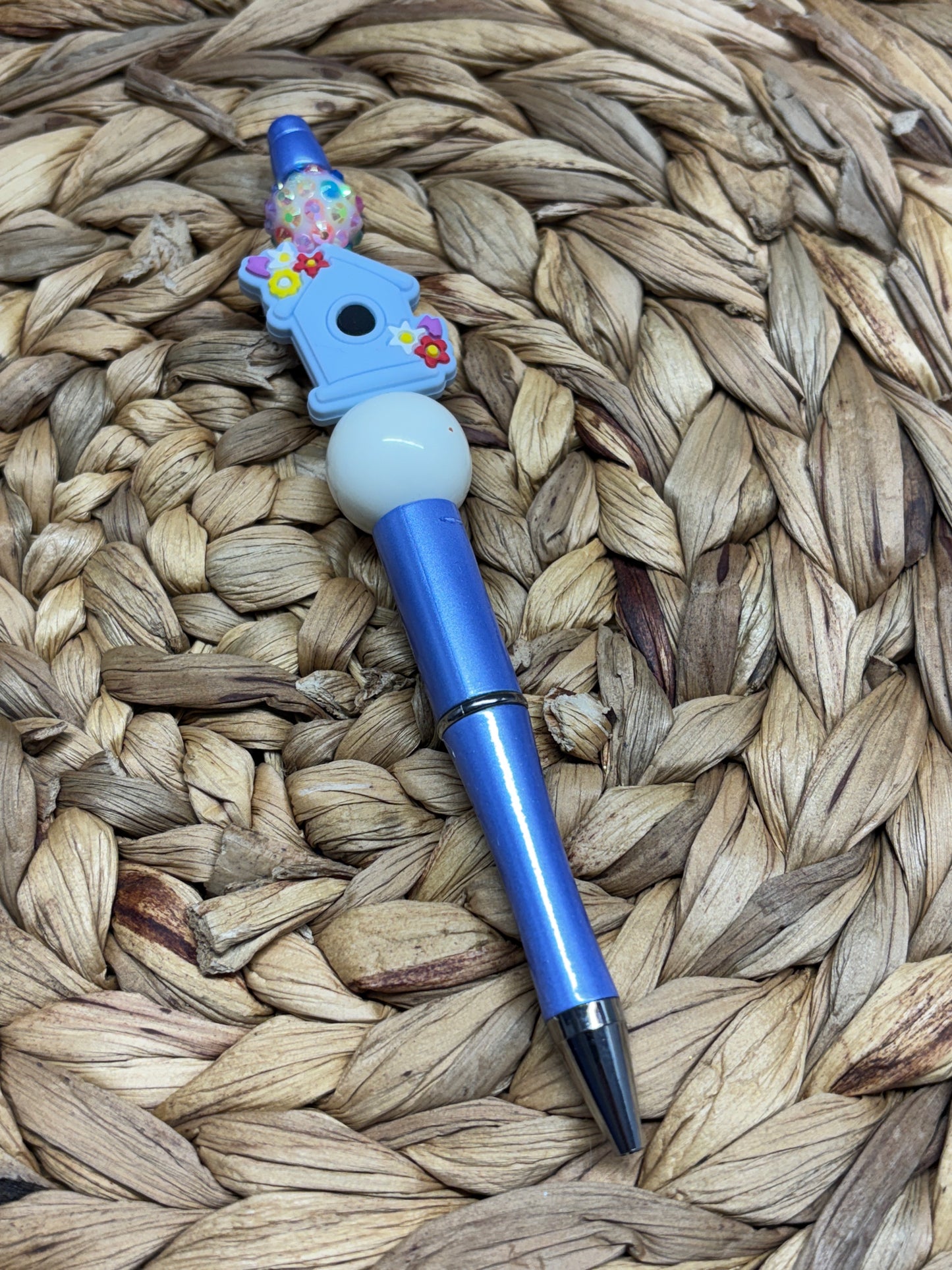 Blue Bird House Beaded Pen