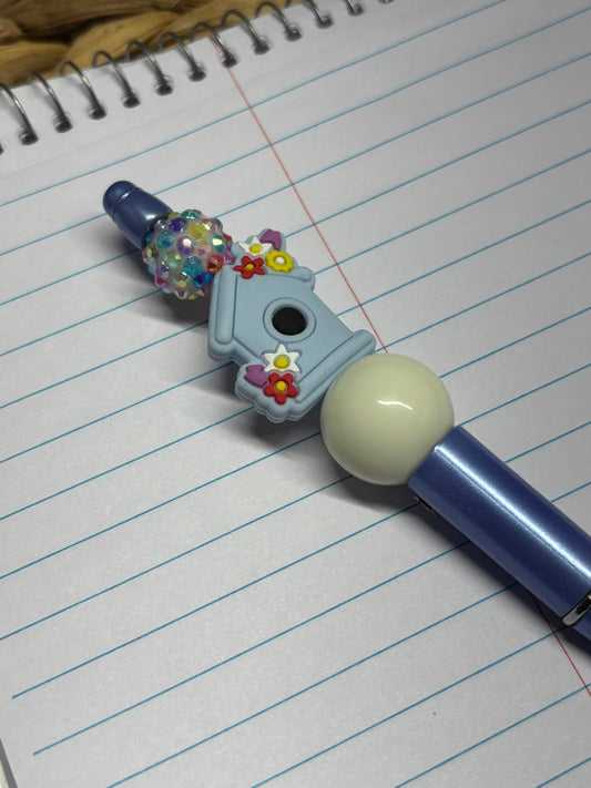 Blue Bird House Beaded Pen