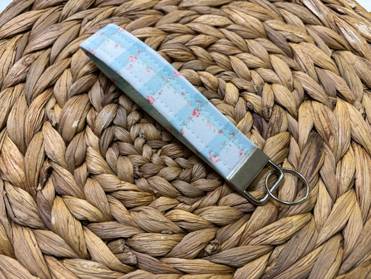 Blue Gingham Rose Flower Keychain