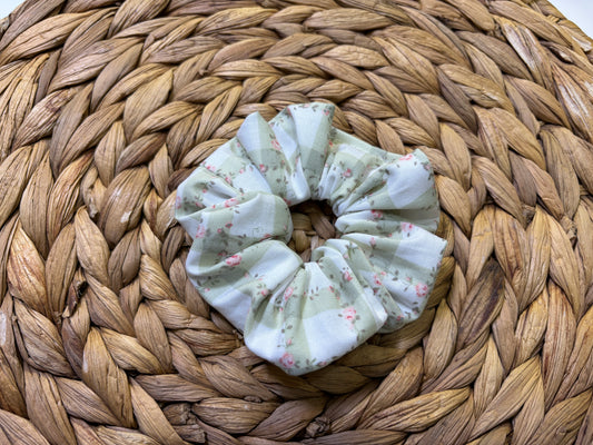 Gingham Green Rose Flower Scrunchie