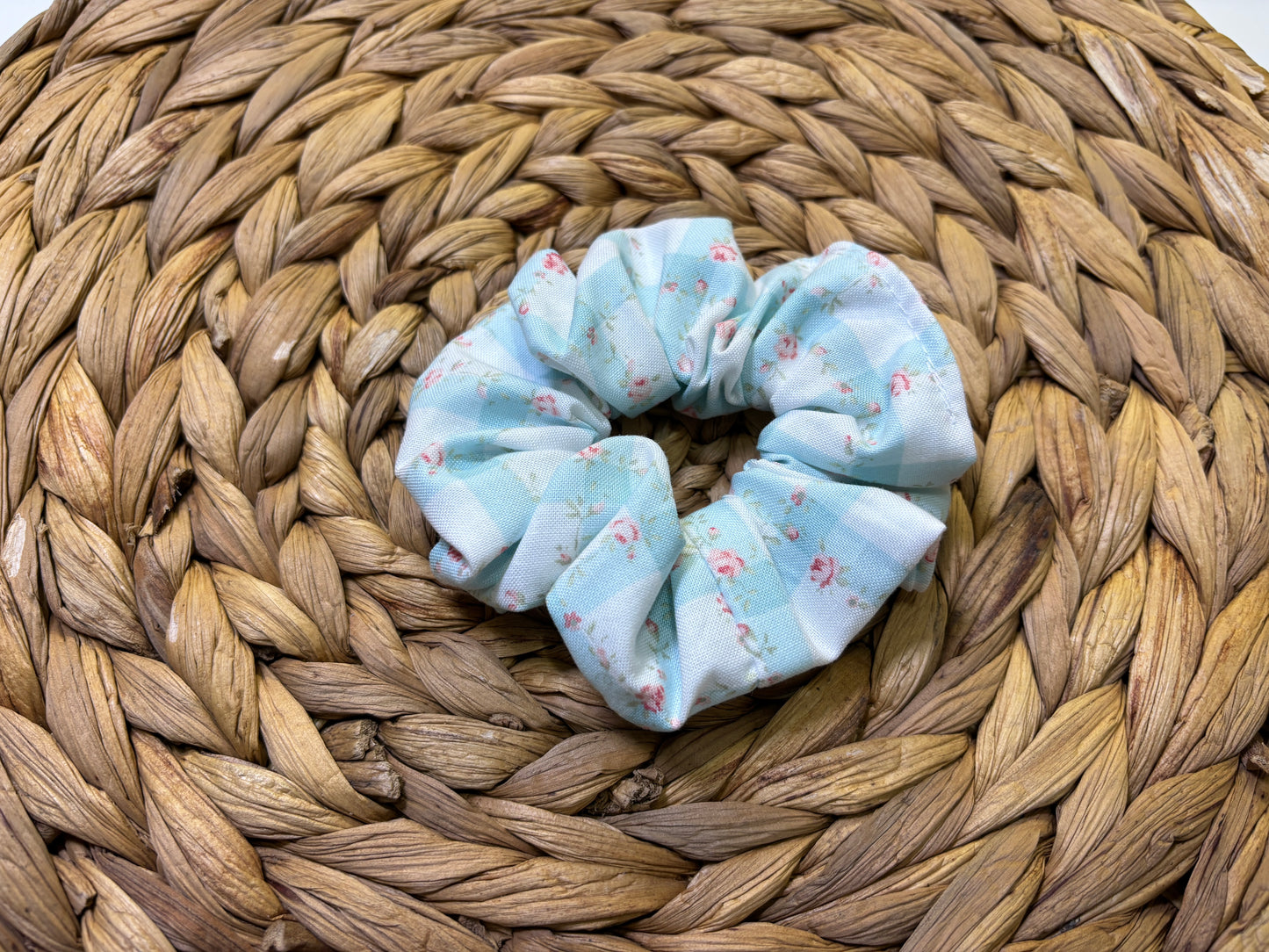 Gingham Blue Rose Flower Scrunchie