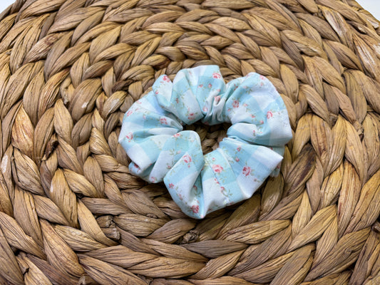 Gingham Blue Rose Flower Scrunchie
