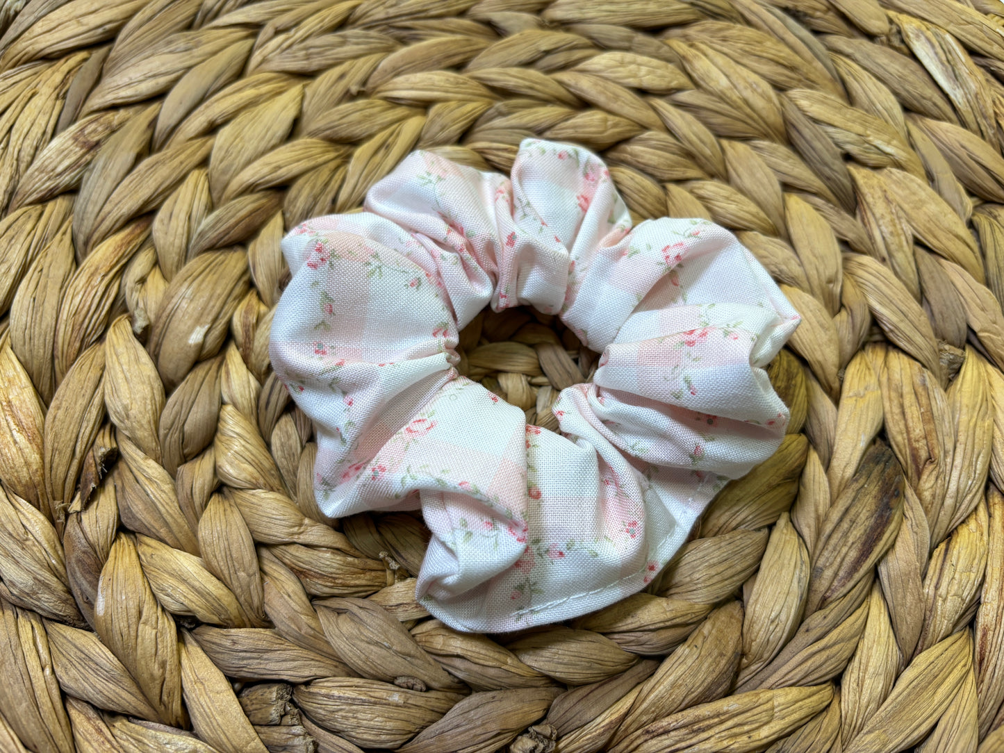 Gingham Pink Rose Flower Scrunchie