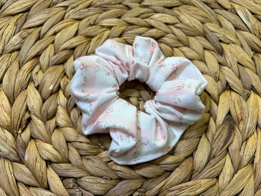 Gingham Pink Rose Flower Scrunchie