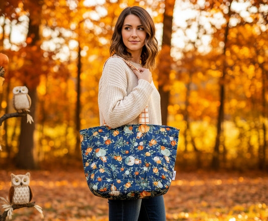 Fall Owl Navy Blue Pumpkins Tote Bag