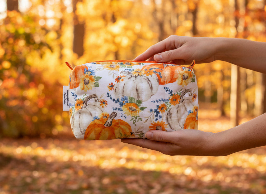 Fall Pumpkin with Teal Foliage Make Up Bag