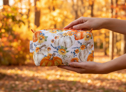 Fall Pumpkin with Teal Foliage Make Up Bag