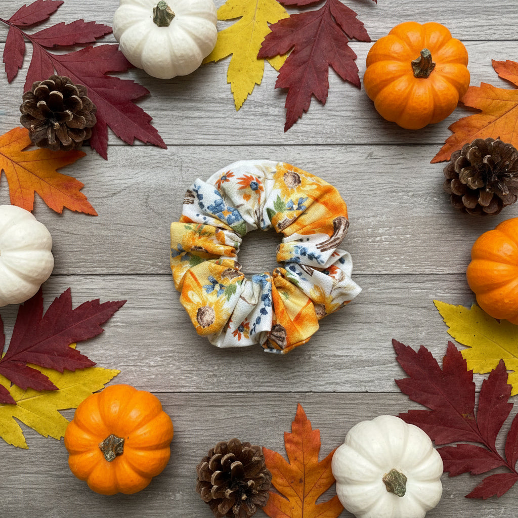 Fall Pumpkin with Teal Foliage Scrunchie