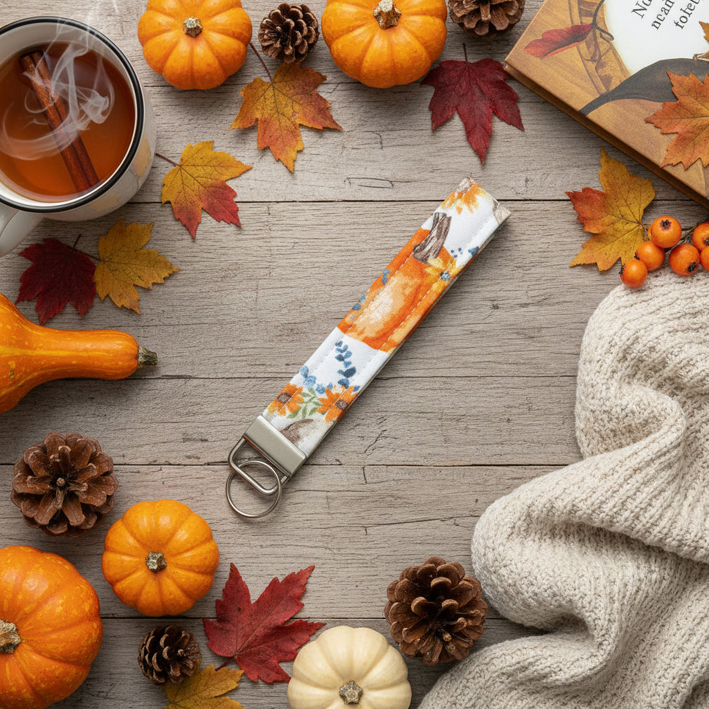 Fall Pumpkin with Teal Foliage Keychain