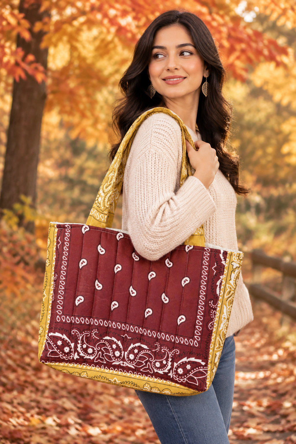 Fall Burgundy and Gold Mini Bandana Tote Bag